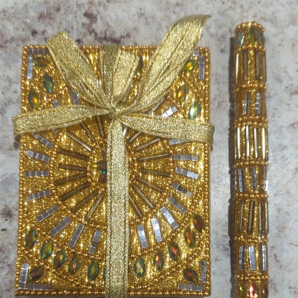 Mini Gold Beaded Notebook and Pen Set - Picture 1 of 3